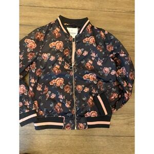 Urban Republic Girls Floral Bomber Jacket Black Pink Rose Print Size L 14/16